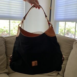 Dooney & Bourke Black Canvas Shoulder Bag with Camel leather trim gold hardware